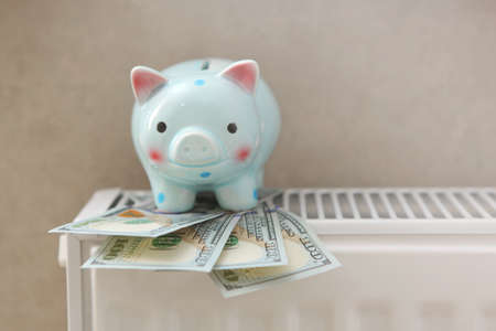 Pig piggy bank and dollar bills on a radiator indoors close-up. Heating concept.の写真素材