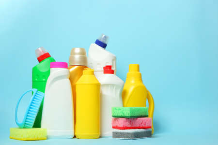 set of cleaning products on a colored background close-up with a place for textの写真素材