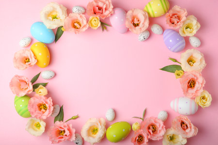 Flowers and Easter eggs on a colored background close-up. Easter backgroundの写真素材