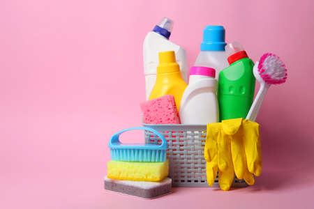 set of cleaning products on a colored background close-up with a place for textの写真素材