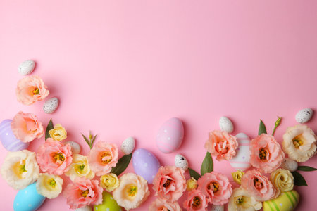Flowers and Easter eggs on a colored background close-up. Easter backgroundの写真素材