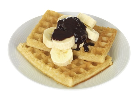 Waffles with Banana and Chocolate Sauceの写真素材
