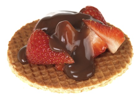 Strawberries on Waffles with Chocolate Sauceの写真素材
