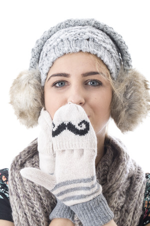 Model Released  Cold Attractive Young Woman Wearing Woollen Hat and Glovesの写真素材