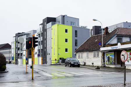 Street Corner Cityscape Sandnes Stanvanger Norway on a Wet Grey Winter Morningのeditorial素材