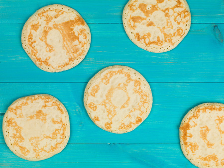 Shrove Tuesday Fresh Cooked Pancakes On A Blue Backgroundの写真素材