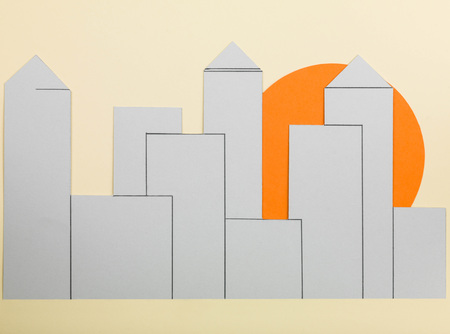 Illustration of an Animated Skyline Against a Setting Sun With Copy Spaceの写真素材