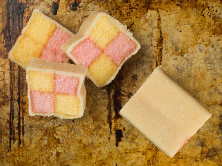 Almond Flavoured Battenberg Sponge Cake on an Oven Baking Trayの写真素材