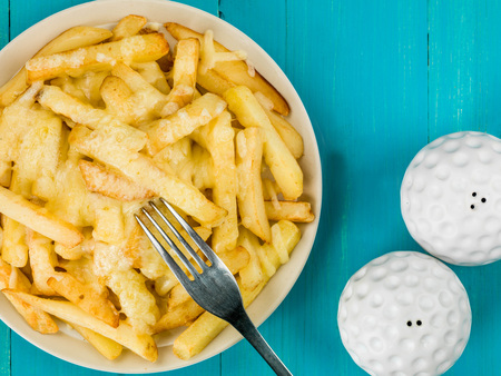 Bowl of Fried and Grilled Cheesy Chips Against a Blue Wooden Background