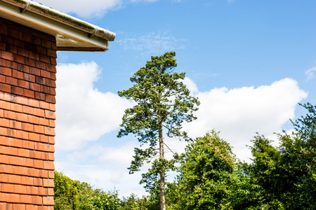 Corner of a Tiled House Against a Blue Summer Sky