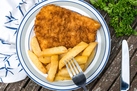 Traditional Cod Fish and Chips Against a Dark Backgroundの素材 [FY31084549484]