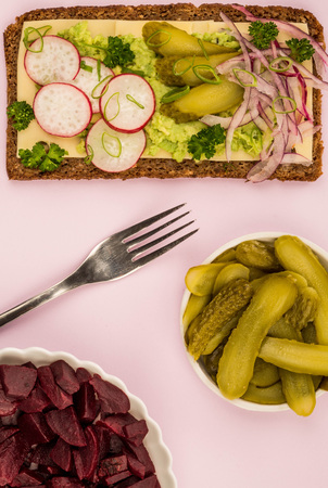 Vegetarian Avocado and Cheese With Radishes and Gherkins Rye Bread Open Faced Sandwich Against A Lilac Background,の写真素材