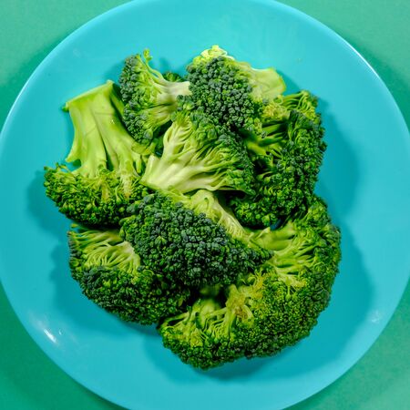 Fresh Raw Uncooked Broccoli Vegetables Flat Lay on a Plate With No People