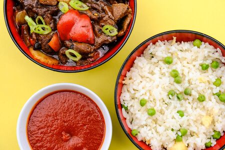 Chinese Style Beef in Black Bean Sauce With Egg Fried Riceの写真素材