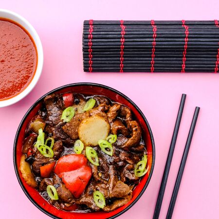 Chinese Style Beef in Black Bean Sauce With Egg Fried Riceの写真素材