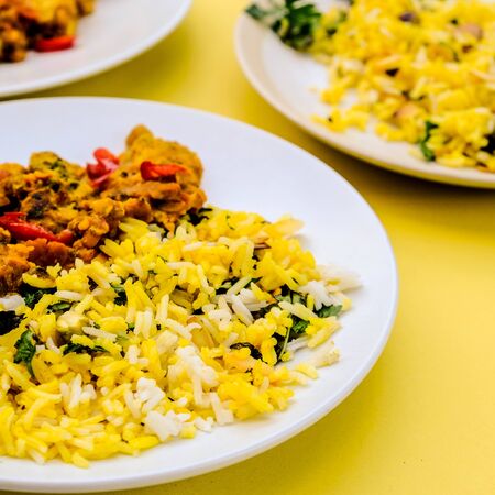 Indian Style Chicken Dhansak Curry Dhansak curry, With Almond and Pillau Riceの写真素材