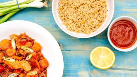 Hot and Spicy Chinese Style Chicken Kung Po With Egg Fried Rice