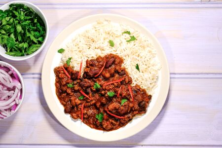 Vegetarian Soya Mince Chilli Con Carne and Rice With Red Chilli and Wholegrain Riceの写真素材