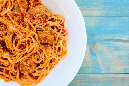 Italian Style Spaghetti with Meatballs in Tomato Sauceの写真素材