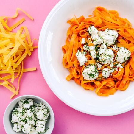 Italian Style Tagliatella Pasta With Feta Cheese And Dill Herbsの写真素材