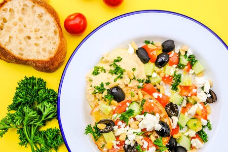 Healthy Mediterranean Style Breakfast With Ciabatta Bread, Black Olives, Feta Cheese and Tomatoesの写真素材