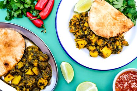 Traditional Authentic Indian Vegetarian Curry With Coriander and Flat Breadの写真素材