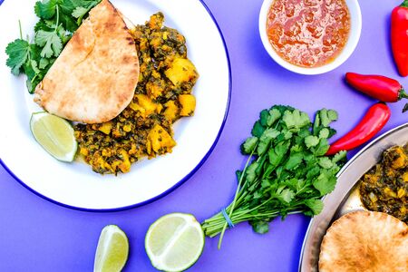 Traditional Authentic Indian Vegetarian Curry With Coriander and Flat Breadの写真素材