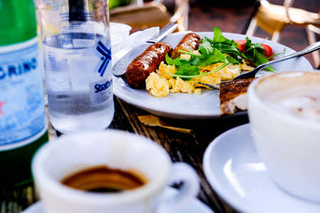 Healthy English Breakfast Scrambled Eggs With Pork Sausages and Toastのeditorial素材