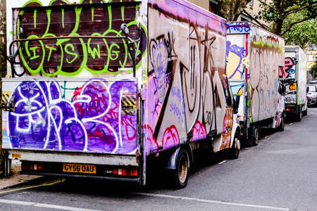 Graffiti Painted Vans Parked In Camden Market London, UK, With No Peopleのeditorial素材