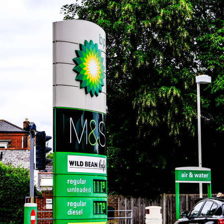 London, UK, June 14, 2020, BP Retial Petrol Station With An M&S Foodhall Announced OIt Is...