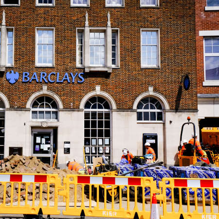 Construction Workers Return To Work Outside Barclays Bank In South London During Coronavirus Lockdownのeditorial素材