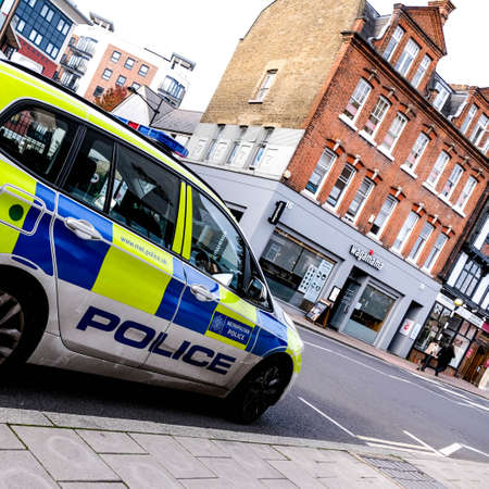London UK October 19 2020, Police Patrol Vehicle Parked On The Road Opposite A Wagamama Restaurant During Covid-19 Pandemicのeditorial素材