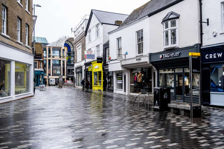 London UK, March 26 2021, Empty High Street With No People On A Wet Day During Covid-19 Coronavirus Lockdownのeditorial素材
