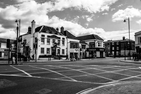 Epsom Surrey, London UK, April 5 2021, Major Road Junction Yellow Box With No Traffic During Covid-19 Coronavirus Lockdownのeditorial素材