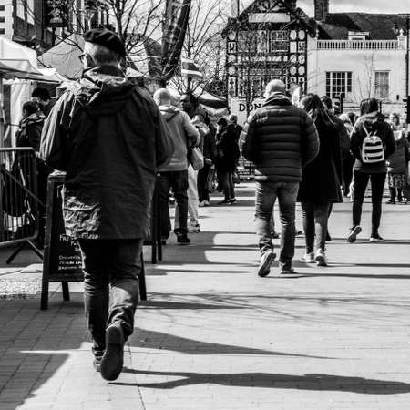 Epsom Surrey London UK, April 5 2021, Group Or Crowd Of People Or Shoppers In An Open Outdoor Marketのeditorial素材