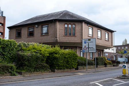 Epsom Surrey London UK, May 02 2021, Modern Designed Office Building With No People And A Road With...
