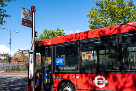Kingston Upon Thames London UK, May 04 2021, Red Single Deck Or Decker Public Transport Bus Parked...