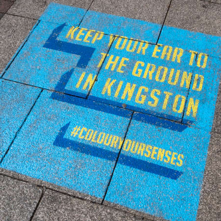 Kingston Upon Thames London UK, May 04 2021, Pavement Painted Artwork To Promote Town Centre Advantages Close Up With No Peopleのeditorial素材