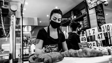 Kingston Upon Thames London UK, May 04 2021, Black and White Image Waitresss Wearing A Protective...