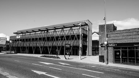 Kingston Upon Thames London UK, May 04 2021, Black and White Image Modern Architecture Extention To Kingston Railway Station With No Peopleのeditorial素材