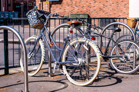 Epsom Surrey, London, May 08 2022, Bicycles Parked At A Bike Stand With No Peopleのeditorial素材