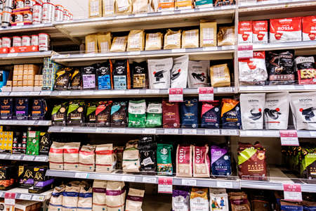 Epsom Surrey, London UK, June 10 2022, Supermarket Shelf With Selection Of Coffee Grounds And Beans Brandsのeditorial素材