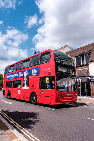 Epsom Surrey, London UK, June 10 2022, Traditional Red London Double Decker Busのeditorial素材
