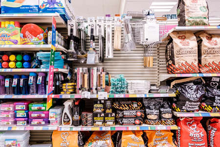 Epsom Surrey, London UK, June 10 2022, Supermarket Shelf Summer BBQ Products Utensils And Charcoalのeditorial素材