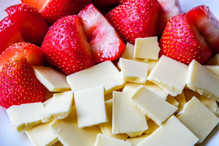 London UK, July 15 2025, Fresh Organic Sliced Strawberries With Broken Squares Of White Chocolate