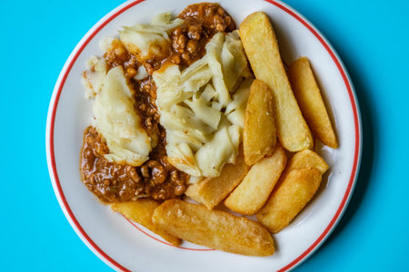 London UK, June 24 2025, Classic Minced Lamb Shepherds Pie With Thick Cut Chunky  Chips