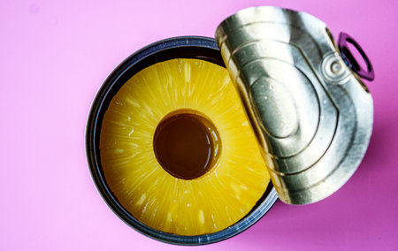 London UK, June 06 2025, Open Tin Or Can Of Healthy Pineapple Rings Tropical Fruit