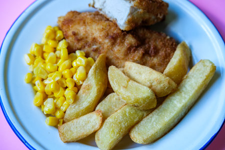 London UK, September 05 2025,  Breaded Chicken Fillets With Chunky Chips And Sweetcornの写真素材