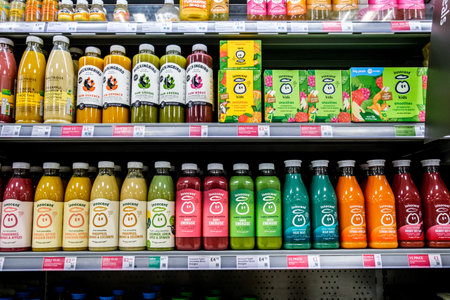 London UK, November 27 2025, Selection Of Supermarket Healthy Fruit Flavoured Smoothiesのeditorial素材