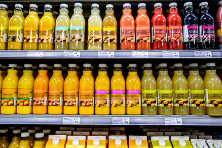 London UK, November 27 2025, Selection Of Supermarket Bottled Flavoured Fruit Juicesのeditorial素材